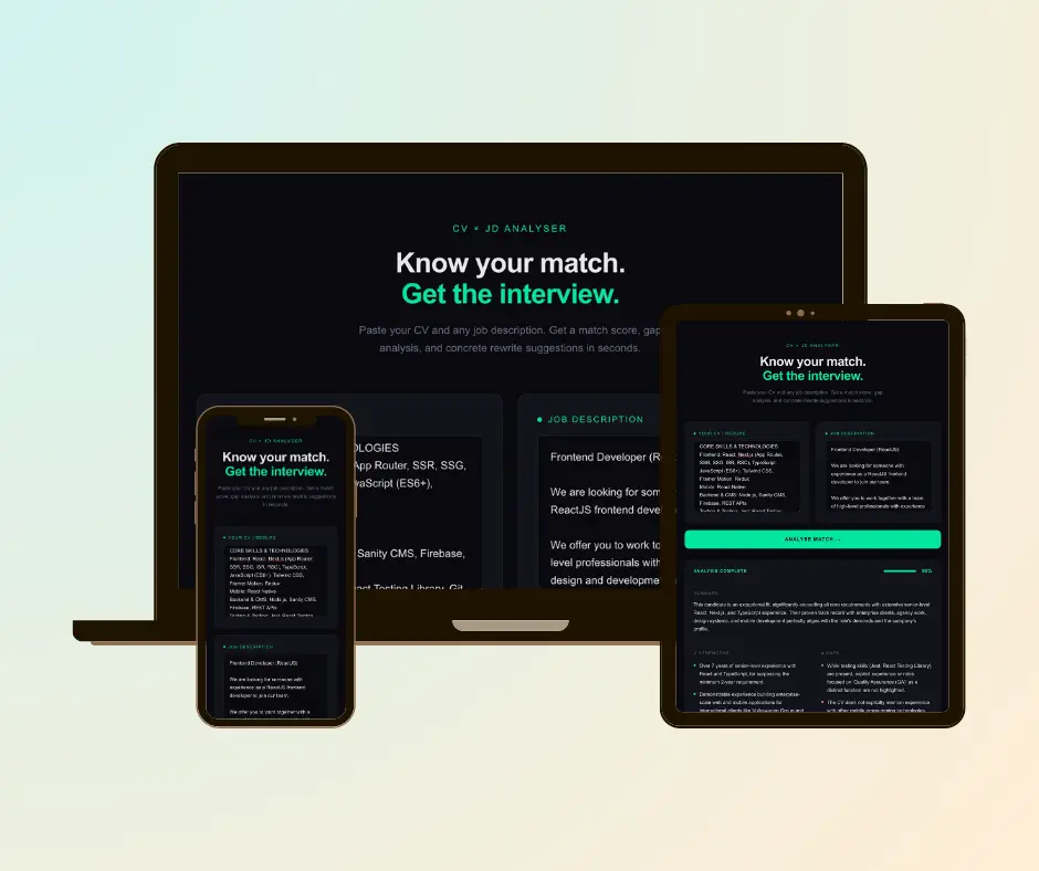MatchKit driftsatt applikation — skärm med analysresultat
