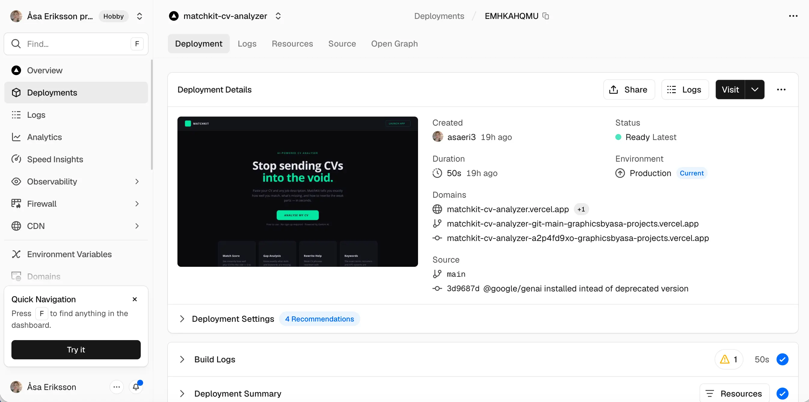 MatchKit produktionsdriftsättning på Vercel — serverlös funktion och miljökonfiguration