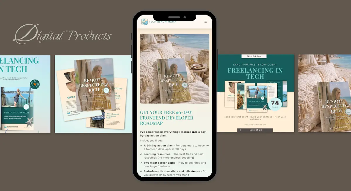 Tech Beach Mama digital product section featuring frontend career eBook and freelancing guide for women transitioning into tech